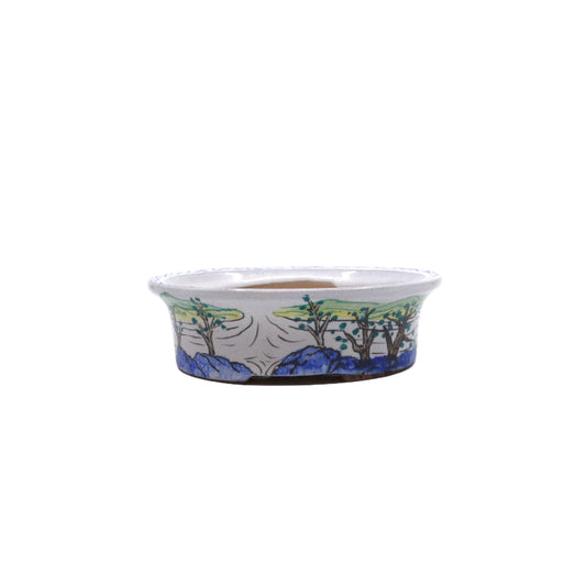 Bonsai pot handgeschilderde landschap blauw ovaal 16cm